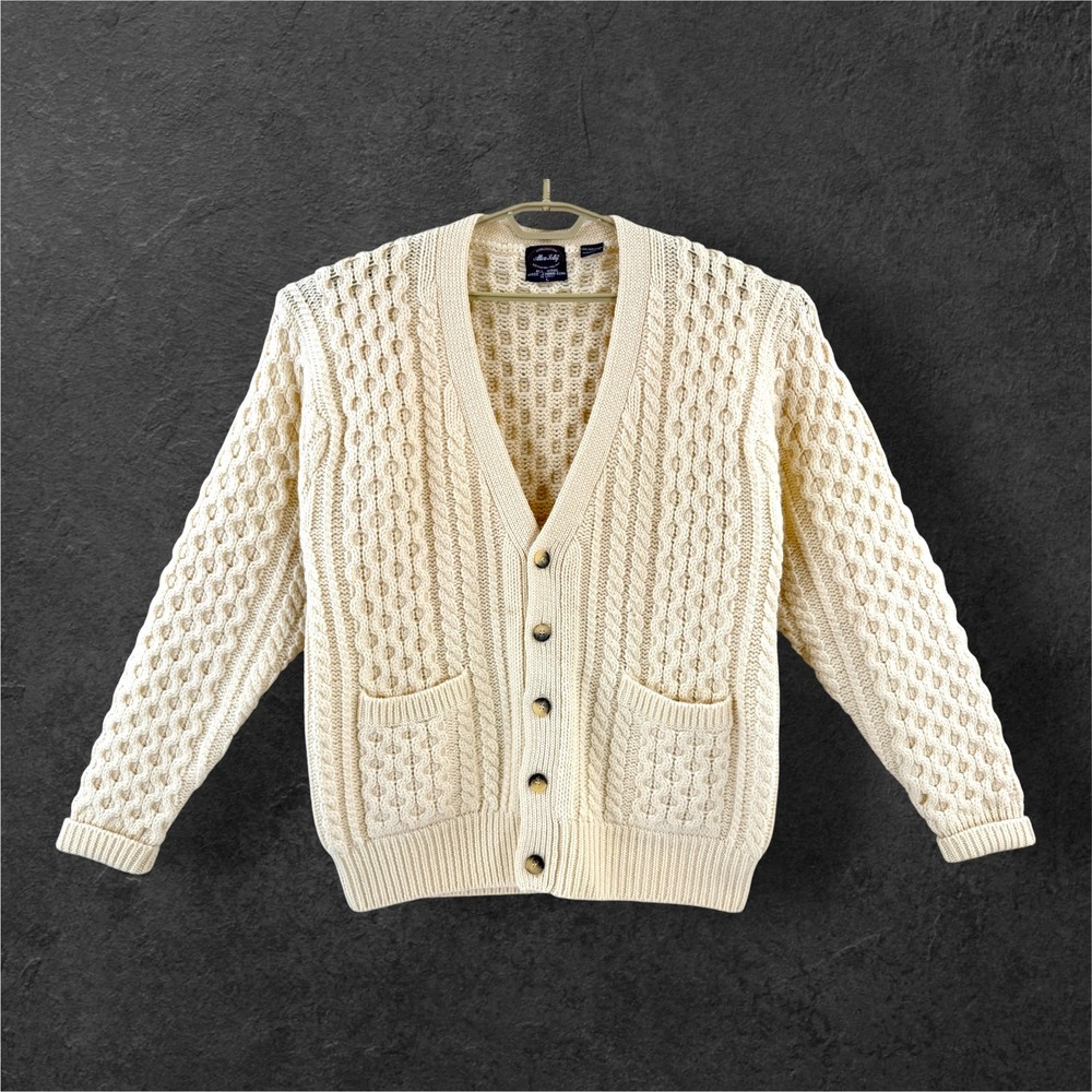 Allen Solly Vintage Mens Wool Cable Knit Cardigan Sweater Cream Large RN43952